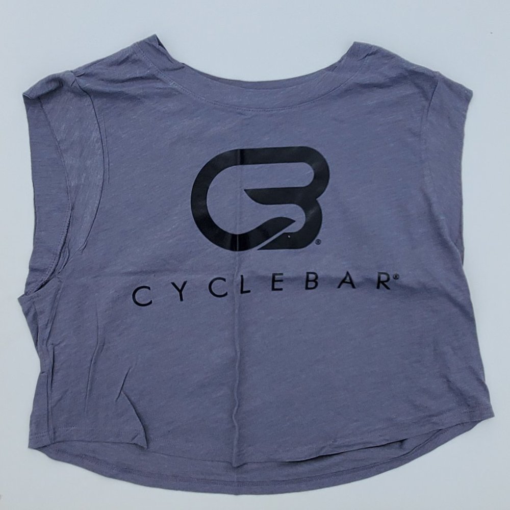 Cyclebar cropped tee, cropped sleeve, Gray with black “CB”, cotton/poly blend, S